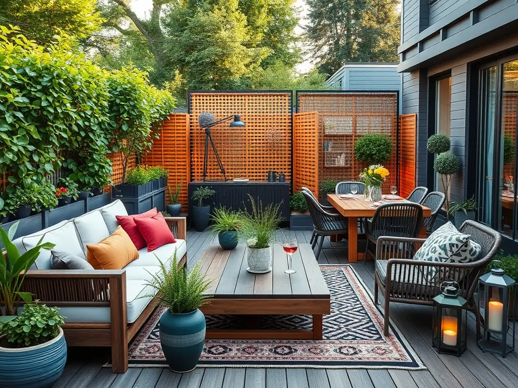 Stilfullt innredet terrasse med utemøbler, tekstiler og plantekasser