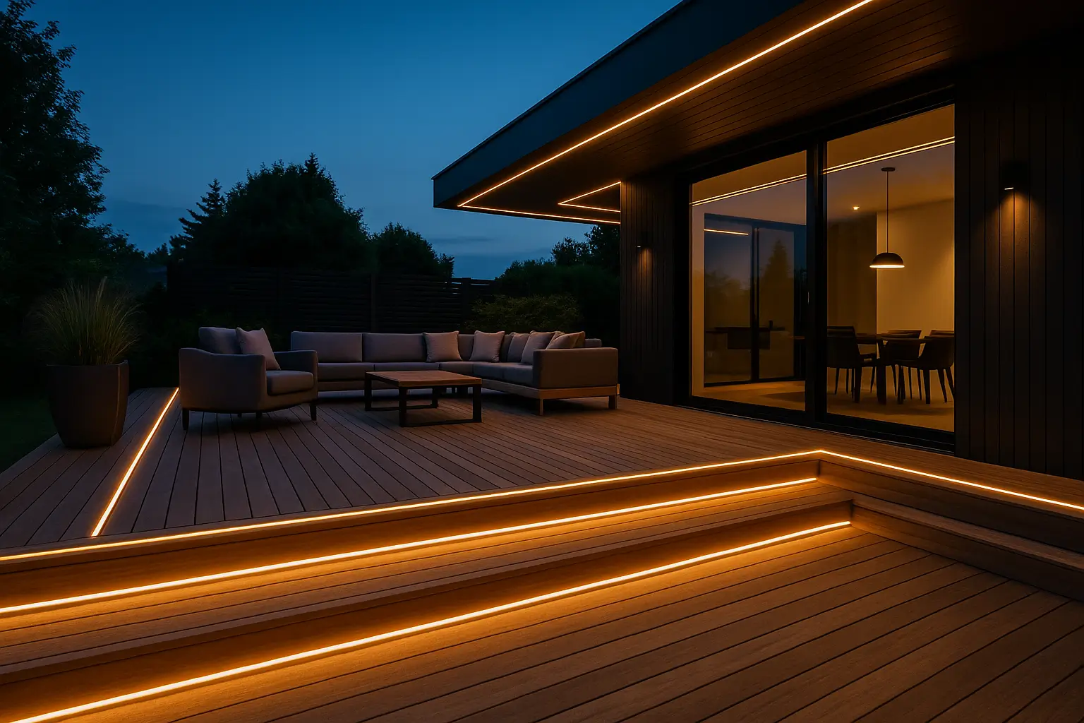 Moderne terrasse med integrerte LED-strips som stemningsbelysning