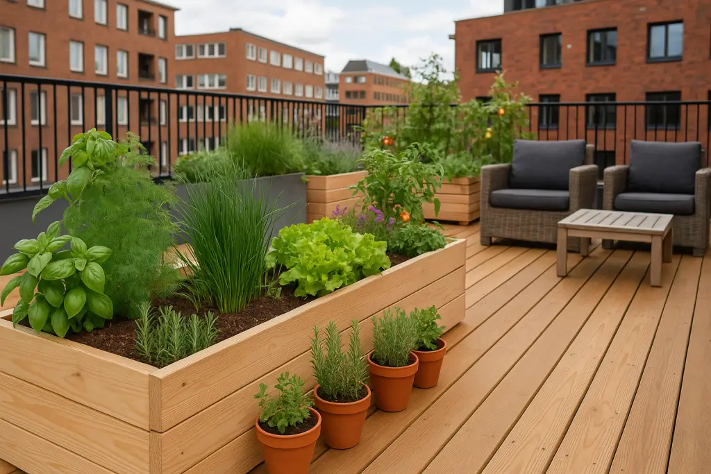 Plantekasser med urter gir grønn og levende terrasse