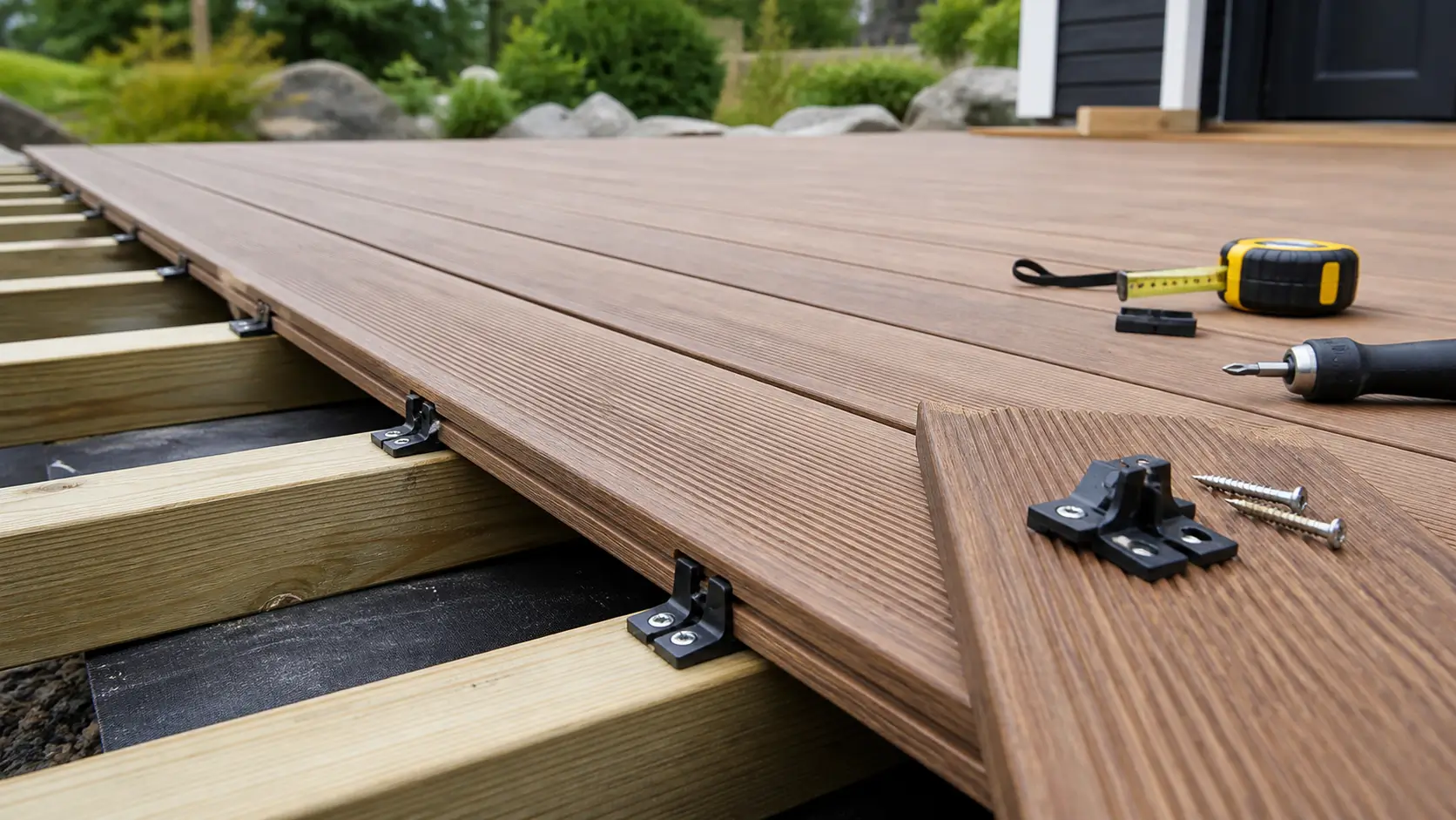 Terrassebord montert med skjulte klips, bjelkelag, skruer og målebånd