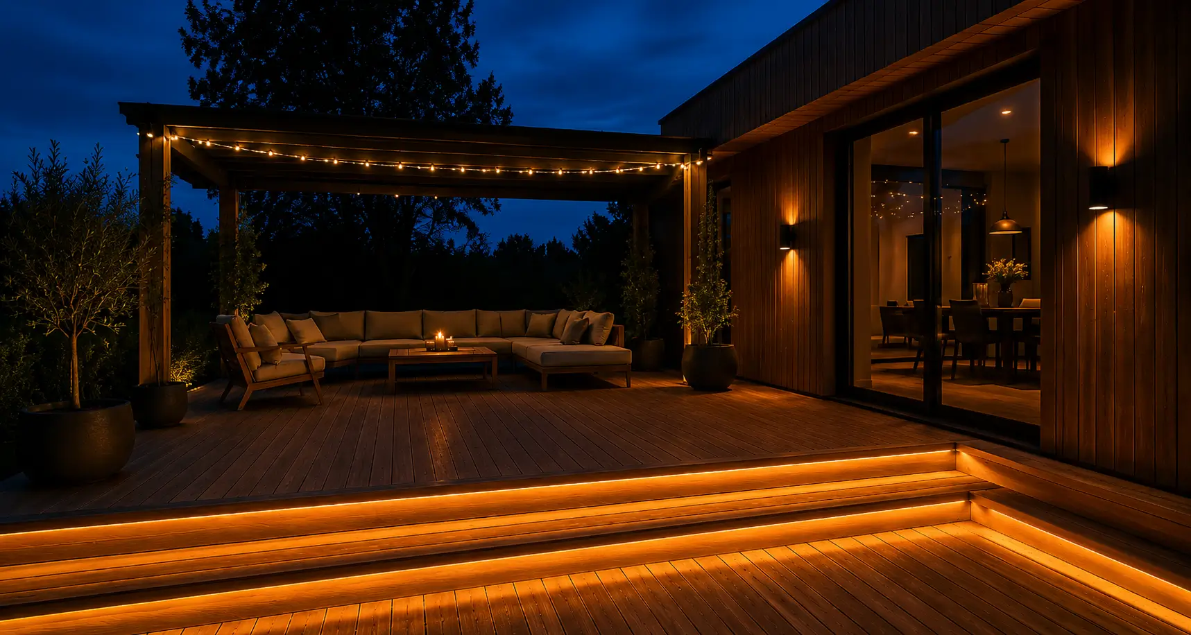 Terrasse i skumring med trinnlys, vegglamper og lysslynge