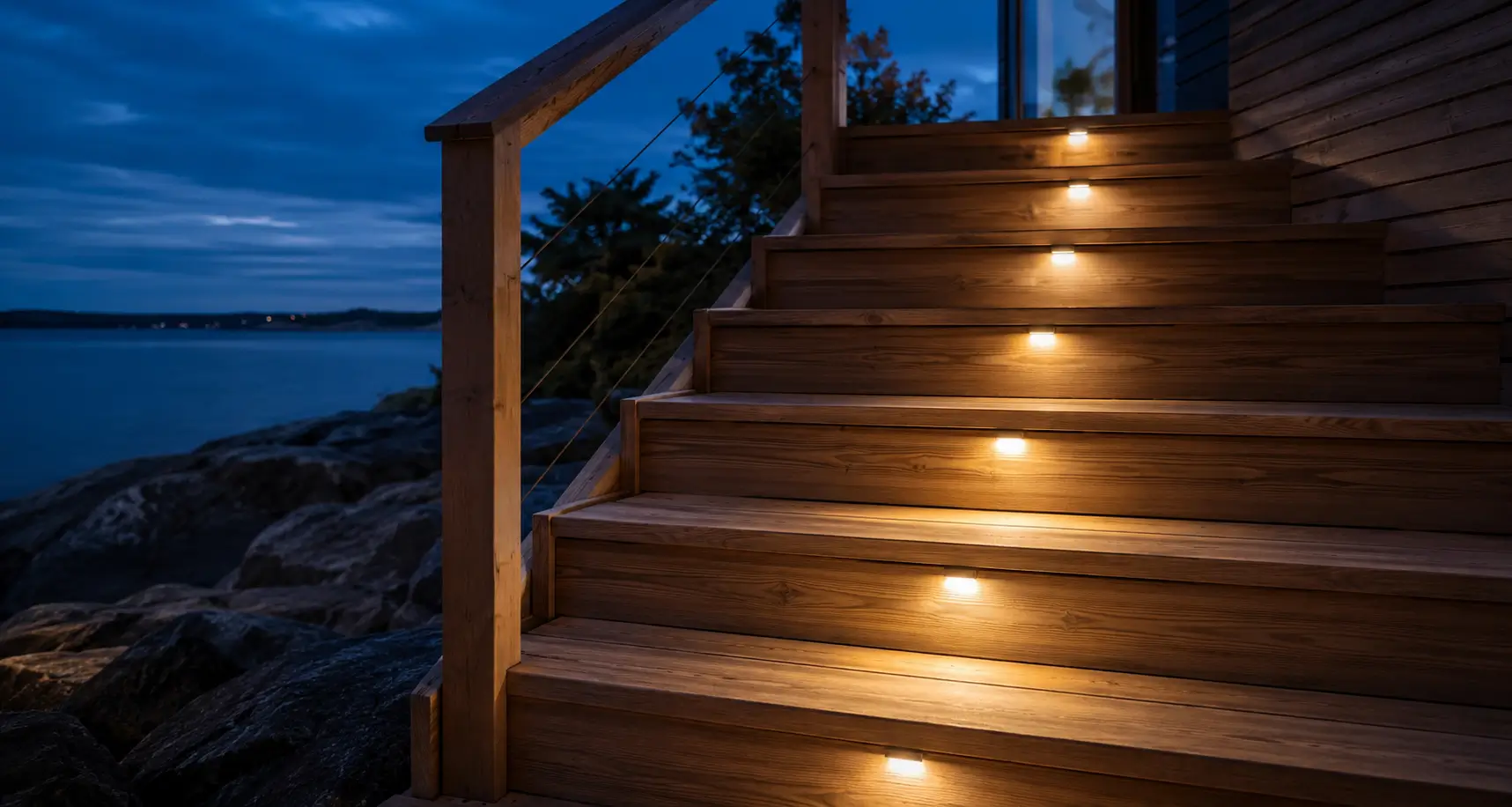 Terrassetrapp med innfelte trinnlys i skumringen