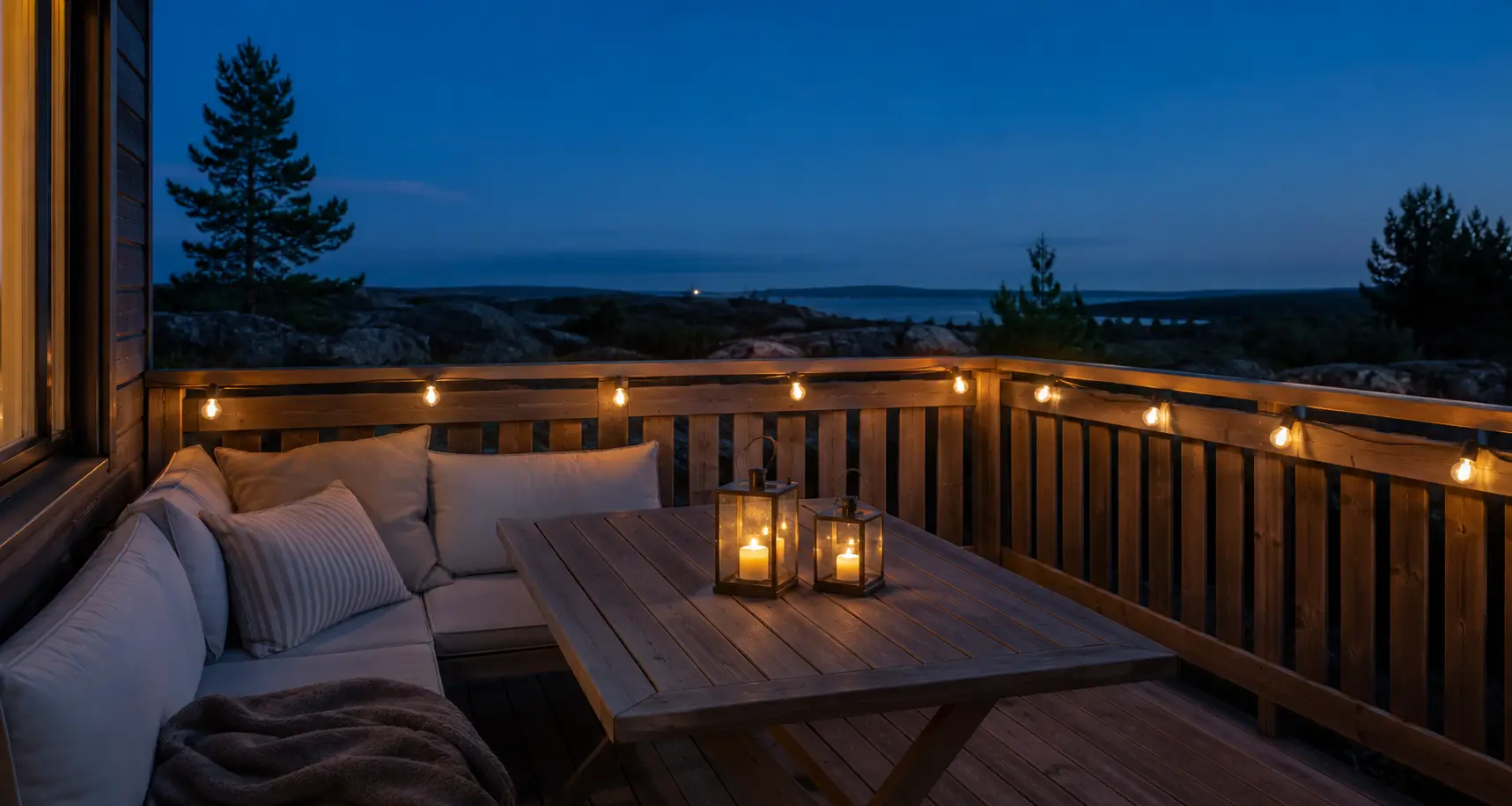 Lysslynge og lykter på terrasse om kvelden