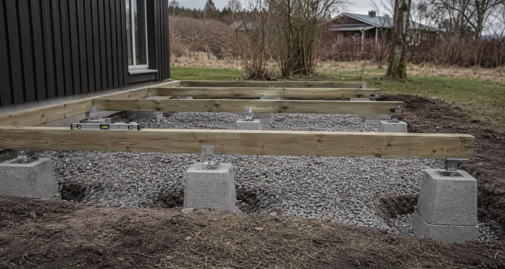 Fundament til terrasse med betongblokker og bjelker
