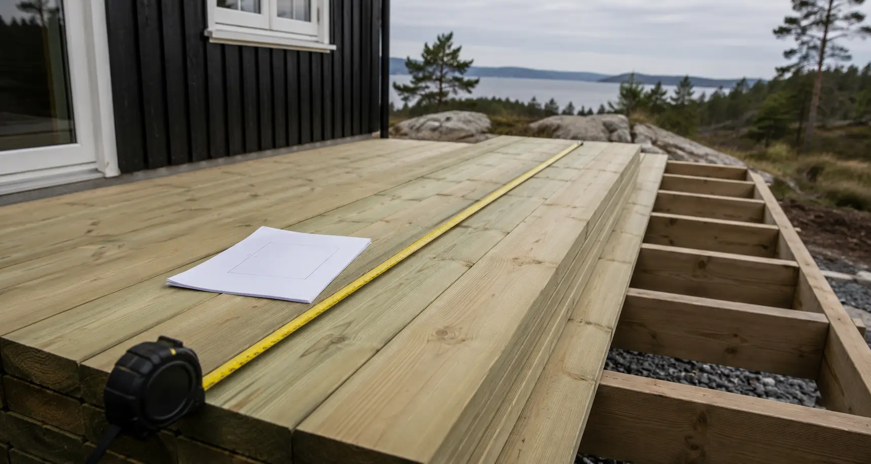 Terrassebord med målebånd klart for beregning av løpemeter