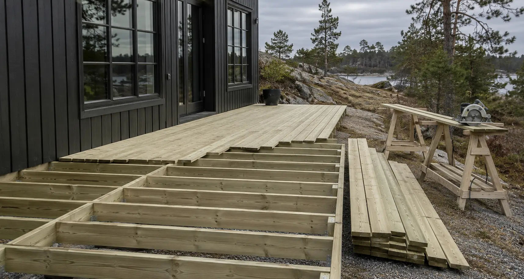 Terrasse under bygging med bjelkelag og de første terrassebordene