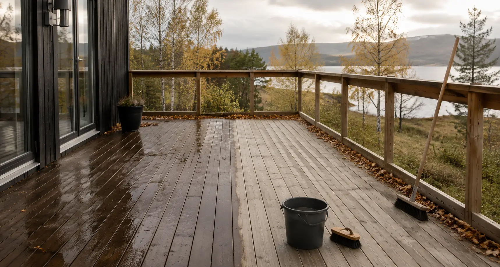 Rengjøring av terrassebord med kost og bøtte