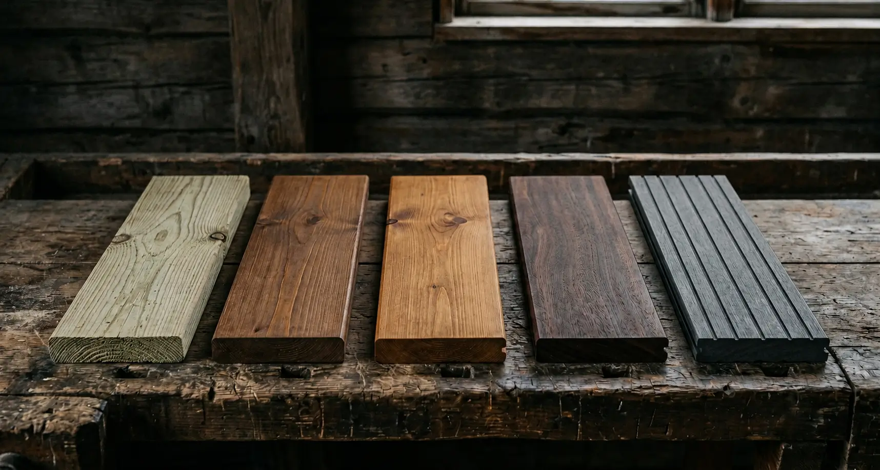 Fem terrassebord i ulike materialer side om side, fra trykkimpregnert furu til kompositt